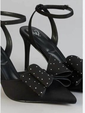 Windsor Black Studded Bow Pointed-Toe Ankle-Strap Heels